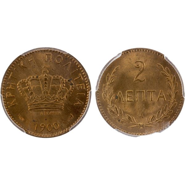 CRETE: George, of Greece, 1898-1906, AE 2 lepta, 1900-A, PCGS MS64 RD