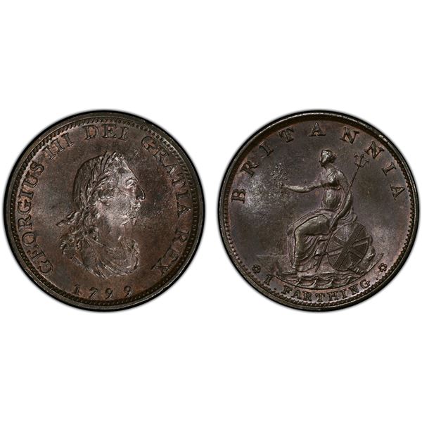 GREAT BRITAIN: George III, 1760-1820, AE farthing, 1799, PCGS MS64 BN