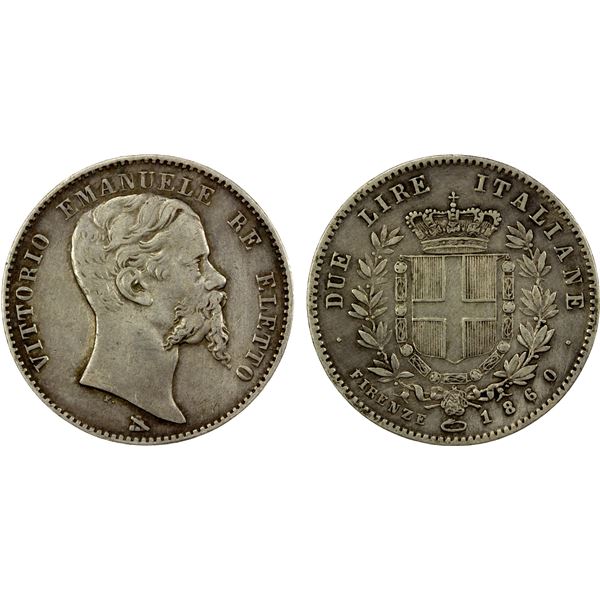 EMILIA: Vittorio Emanuele II, 1859-1861, AR 2 lire, 1860, VF
