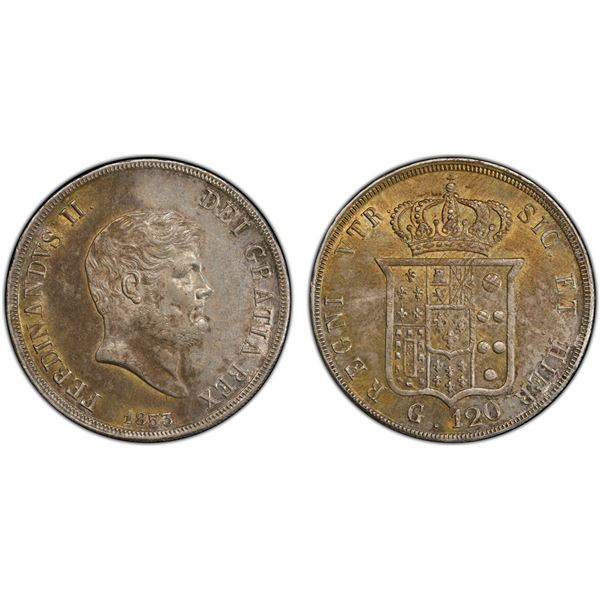 NAPLES & SICILY: Ferdinando II, 1830-1859, AR 120 grana, 1853, PCGS AU58