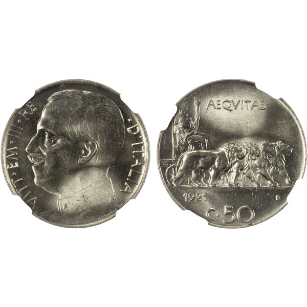ITALY: Vittorio Emanuele III, 1900-1946, 50 centesimi, 1921-R, NGC MS65