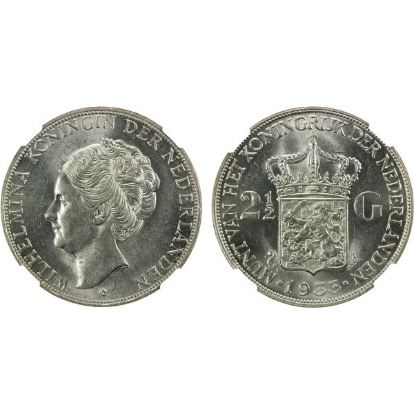NETHERLANDS: Wilhelmina, 1890-1948, AR 2½ gulden, 1933, NGC MS61