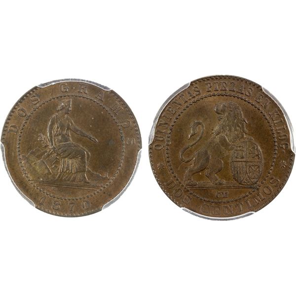 SPAIN: Provisional Government, AE 2 centimos, Barcelona, 1870, PCGS MS63 BNRB