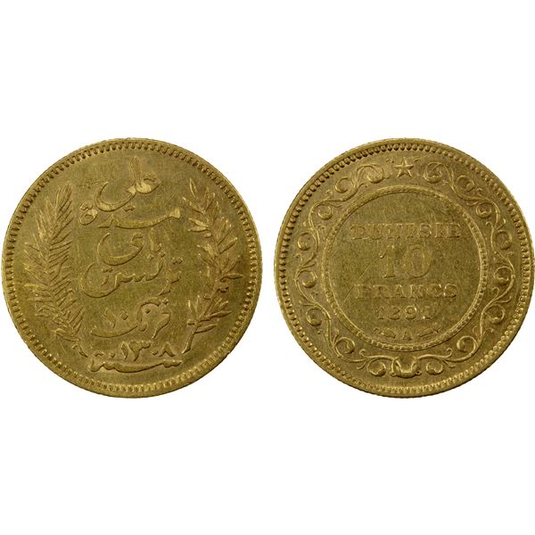 TUNISIA: Ali Bey, 1882-1902, AV 10 francs, 1891-A//AH1308, VF-EF