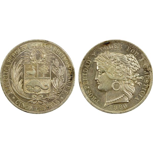 PERU: Republic, AR 5 pesetas, 1880, AU