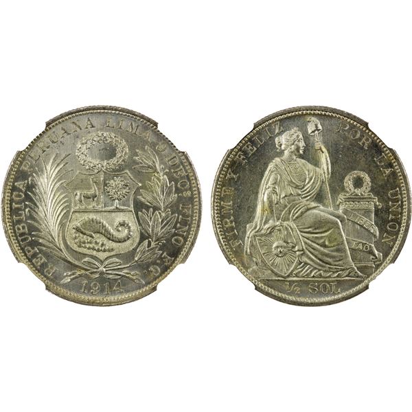 PERU: Republic, AR ½ sol, 1914, NGC MS65