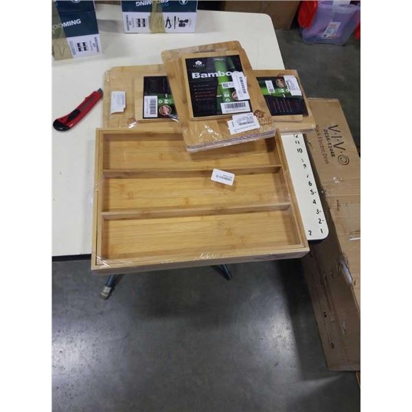 NEW BAMBOO CUTLERY TRAY AND 3 NEW BAMBOO CUTTING BOARD SETS