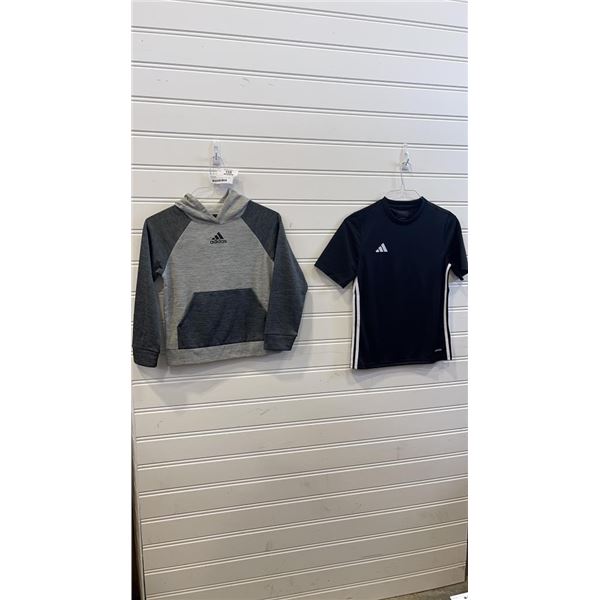 2 YOUTH ADIDAS TOPS - SMALL HOODY AND LARGE T-SHIRT