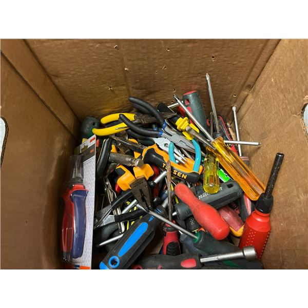 BOX OF SCREWDRIVERS AND PLIERS