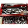 Image 1 : OLD TOOLBOX WITH 18" PIPE WRENCH, PRY BARS, DRILL BITS, TAPS
