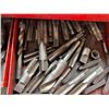 Image 2 : OLD TOOLBOX WITH 18" PIPE WRENCH, PRY BARS, DRILL BITS, TAPS