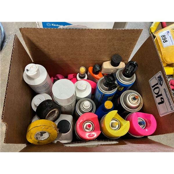 GROUP LOT. MARKER PAINT, MARKING TAPE, RAID, FIBREGLASS CLEANER, WD40, TERRI HANDWIPES, ETC