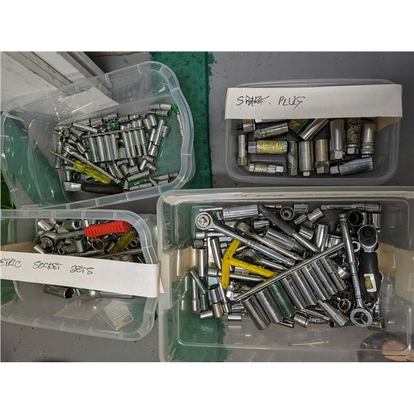 4 BINS OF ASSORTED SOCKETS.  1/4" & 3/8".  METRIC AND STANDARD. APPROX. 10 RACHETS