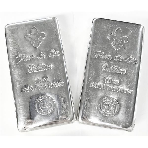 Fleur De Lis Poured .999 Silver Proof 50 ozt Bars (2-bars)