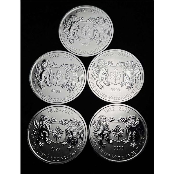 (5) 2012 Commemorative Canada War 3/4 ozt .9999 Silver