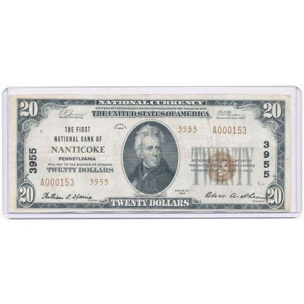 Rare 1929 The First National Bank Of Nanticoke Pennsylvania $20 Note
