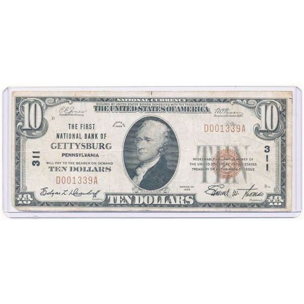 Rare 1929 The First National Bank Of Gettysburg Pennsylvania $10Note
