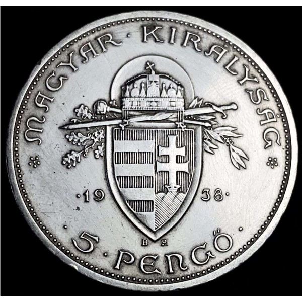 1938 Hungary 90% Silver 5 Pengo .514 ASW