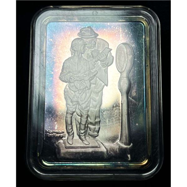 Spotlight Rainbow Toning "Jockey Weighing In" 1958 Norman Rockwell 1 ozt Silver Bar