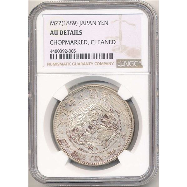 M22(1889) Japan Yen NGC AU Details Chopmarked, Cleaned