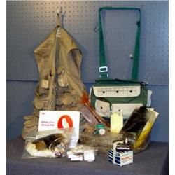 BOX LOT FISHING ITEMS INCL REEL, FEATHERS, ETC.