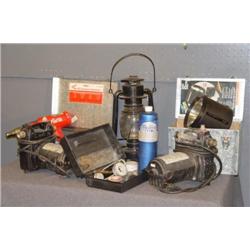BOX LOT WITH LANTERN, PROPANE TORCH, HEAT GUN, ETC