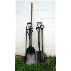 LOT 8 SHOVELS, FORK, RAKE, ETC.