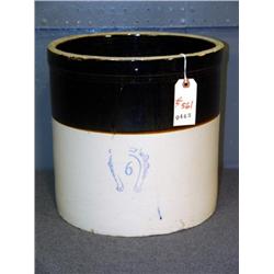 BROWN AND WHITE 6 GAL STONEWARE CROCK WITH