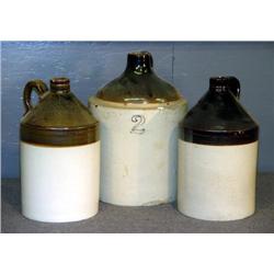 LOT OF 3 BROWN AND WHITE STONEWARE JUGS