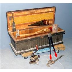 WOODEN TOOL BOX AND CONTENTS, INCL MAUL, HAND GRIN