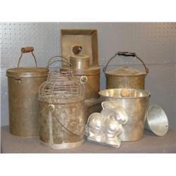 LOT OF LARGE TOLE PCS, INCL CAKE PAN AND PAILS