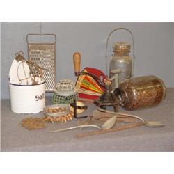 TRAY LOT PRIMITIVES INCL COFFEE GRINDER, EGG SCALE