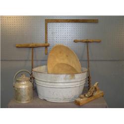 TUB LOT WITH AUGERS, WOODEN BOWLS, ETC.