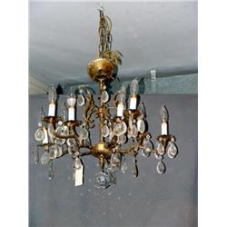 BRASS 5 BRANCH CHANDELIER WITH GLASS PRISM DROPS