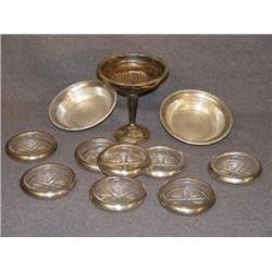 TRAY LOT STERLING RIMMED COASTERS, COMPOTE, BOWLS,