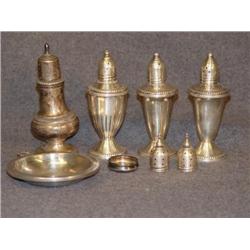 TRAY LOT STERLING SHAKERS, ETC.