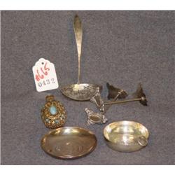 TRAY LOT WITH PERFUME BOTTLE, SILVER KNIFE REST, S