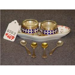 PAIR OF ENAMEL DECORATED OPEN SALTS WITH SPOONS