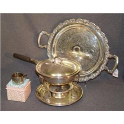 SILVERPLATED CHAFING DISH, BABY MUG AND DOUBLE HA