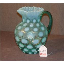 GREEN AND WHITE ART GLASS PITCHER 9" HIGH