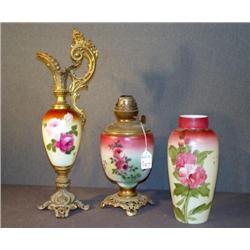 FLORAL DECORATED EWER, VASE AND LAMP VASE- 3 X THE