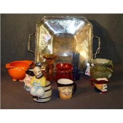 SILVER PLATED PLATTER WITH TOBY PITCHERS, ETC.