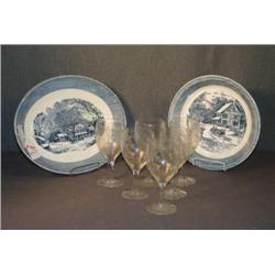 SET 6 ETCHED CHAMPAGNES AND 2 PCS C & I CHINA
