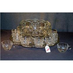 PATTERN GLASS PUNCH BOWL WITH UNDERPLATE AND CUPS