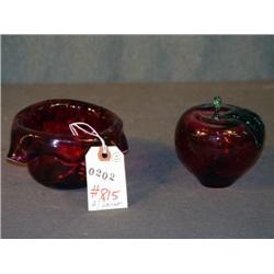 LOT SIGNED LARSON GLASS APPLE PAPERWEIGHT AND VASE
