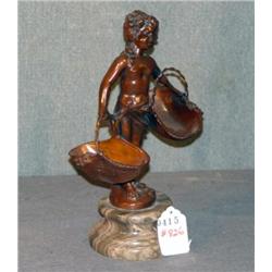 BRONZE FIGURE ON MARBLE BASE, CHILD WITH BASKETS,