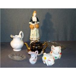 BOX LOT WITH HEISEY GLASS, FEMALE FIGURINE, ETC.