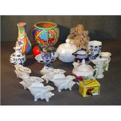 BOX LOT CHINA AND SOAPSTONE VASE, INDIAN BOWL, ETC