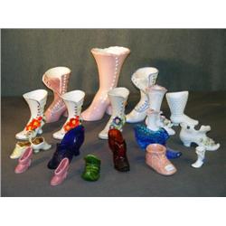 TRAY LOT OF GLASS, POTTERY AND PORCELAIN SHOES