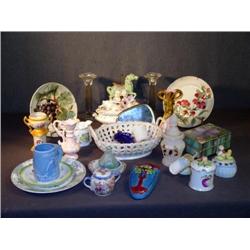 BOX LOT INCL OPENWORK FRUIT BOWL, GLASS CANDLESTIC